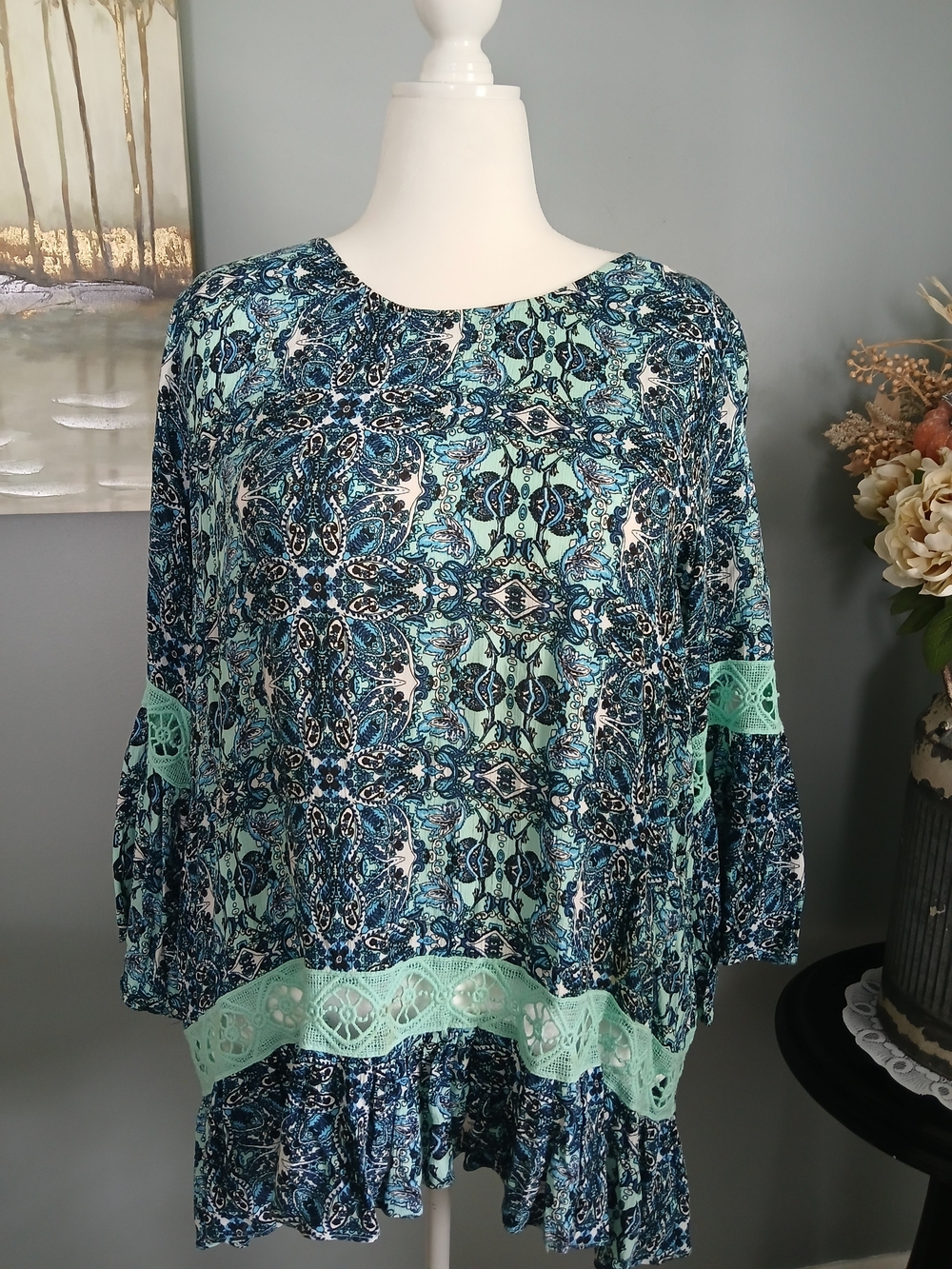 Studio Blue and Mint Paisley Lace-Trim Blouse